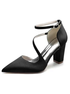 Women's Ankle Strap Chunky Heel Bridal Pumps in Satin