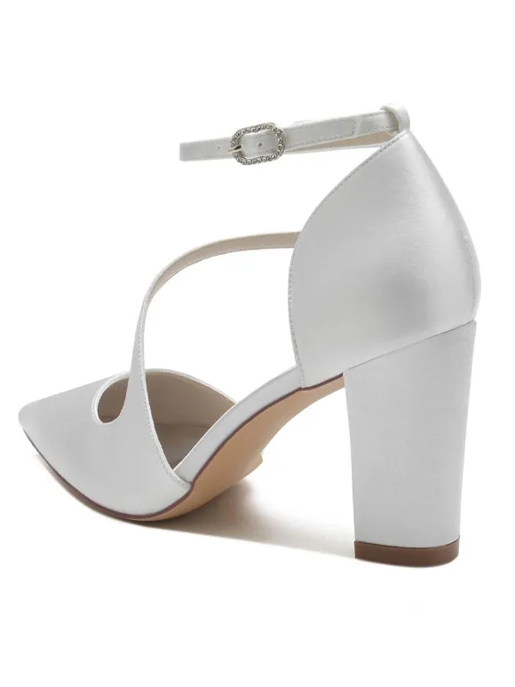 Women's Ankle Strap Chunky Heel Bridal Pumps in Satin