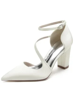 Women's Ankle Strap Chunky Heel Bridal Pumps in Satin