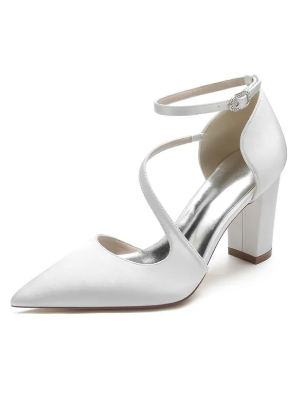 Women's Ankle Strap Chunky Heel Bridal Pumps in Satin