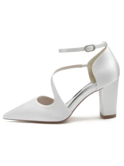 Women's Ankle Strap Chunky Heel Bridal Pumps in Satin
