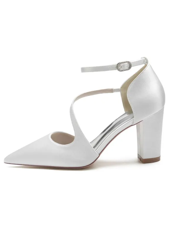 Women's Ankle Strap Chunky Heel Bridal Pumps in Satin
