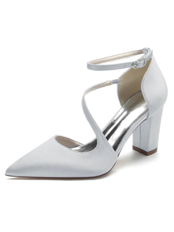 Women's Ankle Strap Chunky Heel Bridal Pumps in Satin
