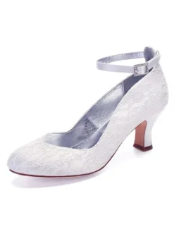 Women's Ankle Strap Chunky Low Heel Lace Bridal Pumps