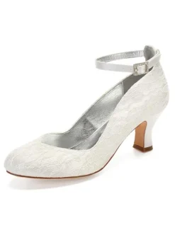 Women's Ankle Strap Chunky Low Heel Lace Bridal Pumps