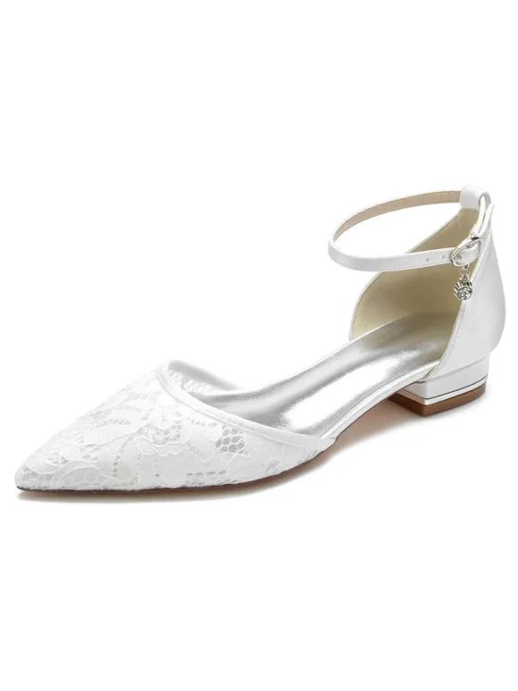 Women's Ankle Strap Lace Flats Bridal Shoes