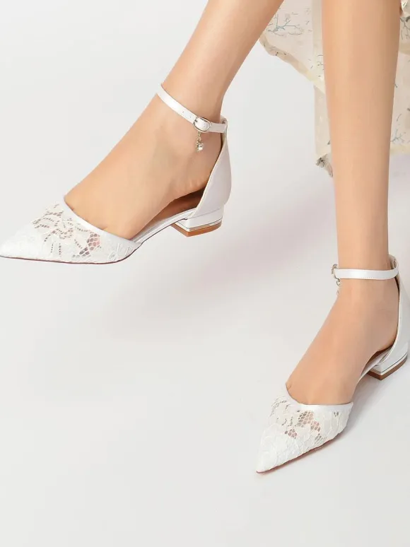 Women's Ankle Strap Lace Flats Bridal Shoes