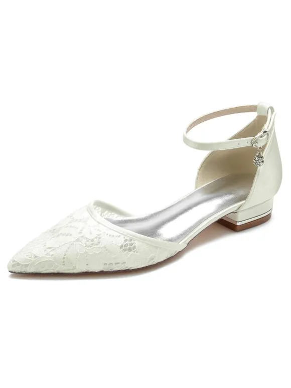 Women's Ankle Strap Lace Flats Bridal Shoes
