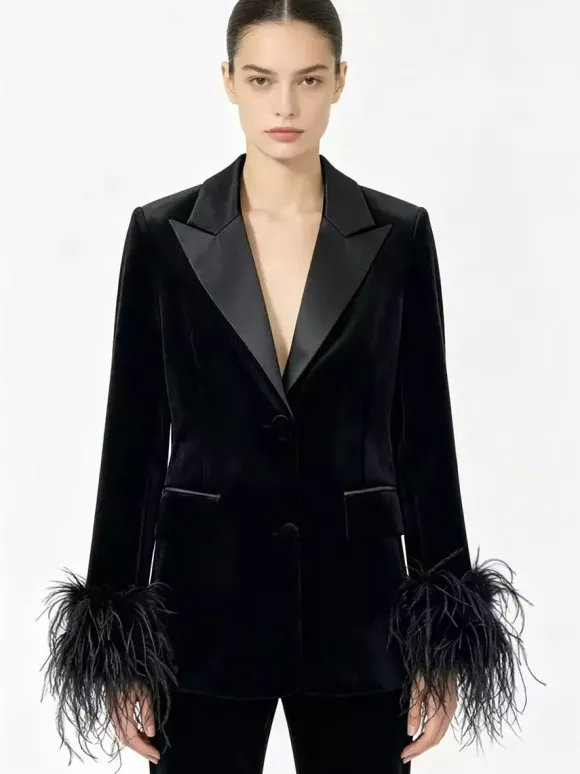 Women Satin Lapel Velvet Blazer With Feather Cuff Trim