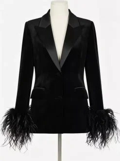 Women Satin Lapel Velvet Blazer With Feather Cuff Trim