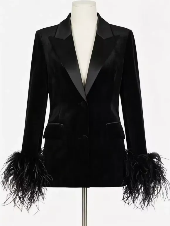 Women Satin Lapel Velvet Blazer With Feather Cuff Trim