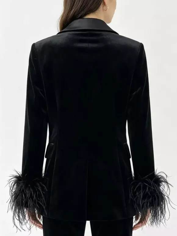 Women Satin Lapel Velvet Blazer With Feather Cuff Trim