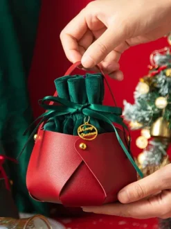 Women's Bags Burgundy Corduroy Round Ring Handle Two-Tone Metal Details Lace-up Christmas Bag