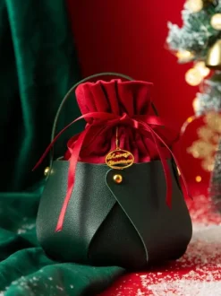 Women's Bags Burgundy Corduroy Round Ring Handle Two-Tone Metal Details Lace-up Christmas Bag