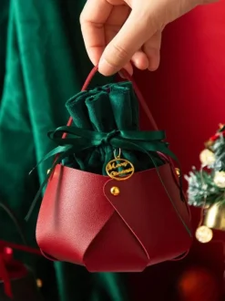 Women's Bags Burgundy Corduroy Round Ring Handle Two-Tone Metal Details Lace-up Christmas Bag