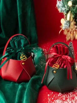 Women's Bags Burgundy Corduroy Round Ring Handle Two-Tone Metal Details Lace-up Christmas Bag