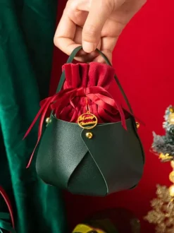 Women's Bags Burgundy Corduroy Round Ring Handle Two-Tone Metal Details Lace-up Christmas Bag