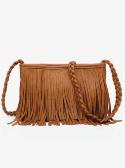 Women's Bags Coffee Brown Faux Leather Horizontal Shape Cross Body Strap Fringe Zipper