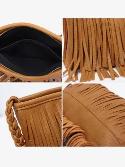 Women's Bags Coffee Brown Faux Leather Horizontal Shape Cross Body Strap Fringe Zipper