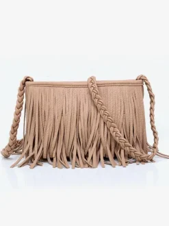 Women's Bags Coffee Brown Faux Leather Horizontal Shape Cross Body Strap Fringe Zipper