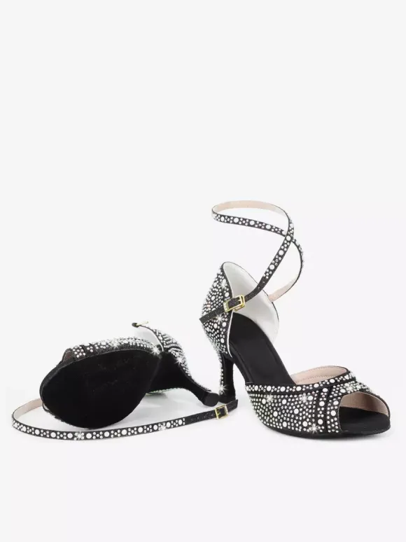 Women's Ballroom Dance Shoes Satin Rhinestones Peep Toe High Heel Latin Dance Shoes