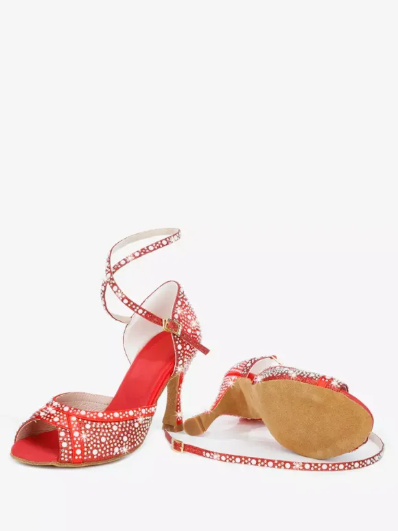 Women's Ballroom Dance Shoes Satin Rhinestones Peep Toe High Heel Latin Dance Shoes
