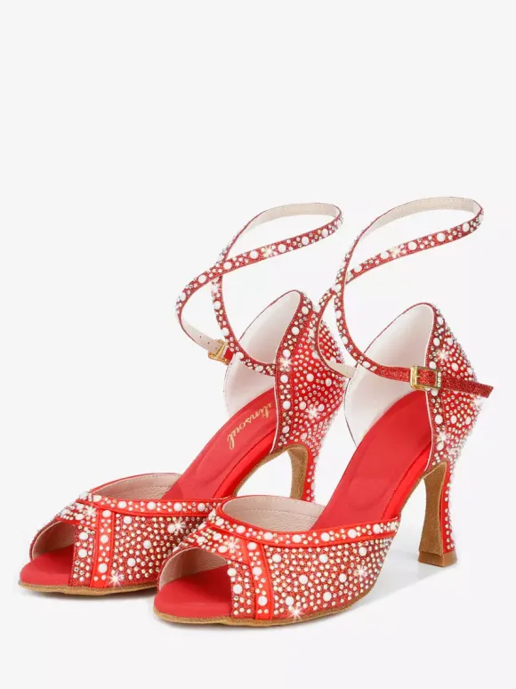 Women's Ballroom Dance Shoes Satin Rhinestones Peep Toe High Heel Latin Dance Shoes