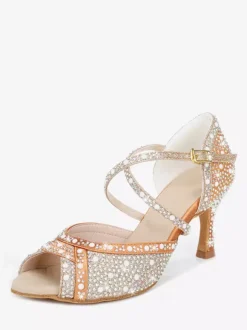 Women's Ballroom Dance Shoes Satin Rhinestones Peep Toe High Heel Latin Dance Shoes