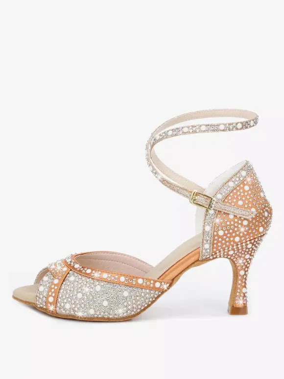Women's Ballroom Dance Shoes Satin Rhinestones Peep Toe High Heel Latin Dance Shoes