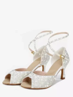 Women's Ballroom Dance Shoes Satin Rhinestones Peep Toe High Heel Latin Dance Shoes