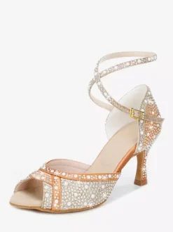 Women's Ballroom Dance Shoes Satin Rhinestones Peep Toe High Heel Latin Dance Shoes