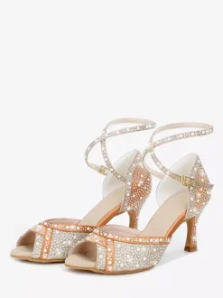 Women's Ballroom Dance Shoes Satin Rhinestones Peep Toe High Heel Latin Dance Shoes