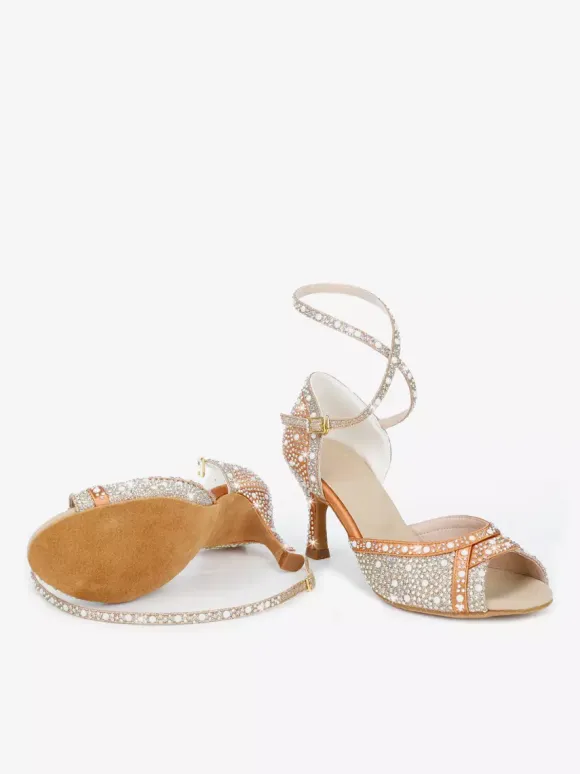 Women's Ballroom Dance Shoes Satin Rhinestones Peep Toe High Heel Latin Dance Shoes