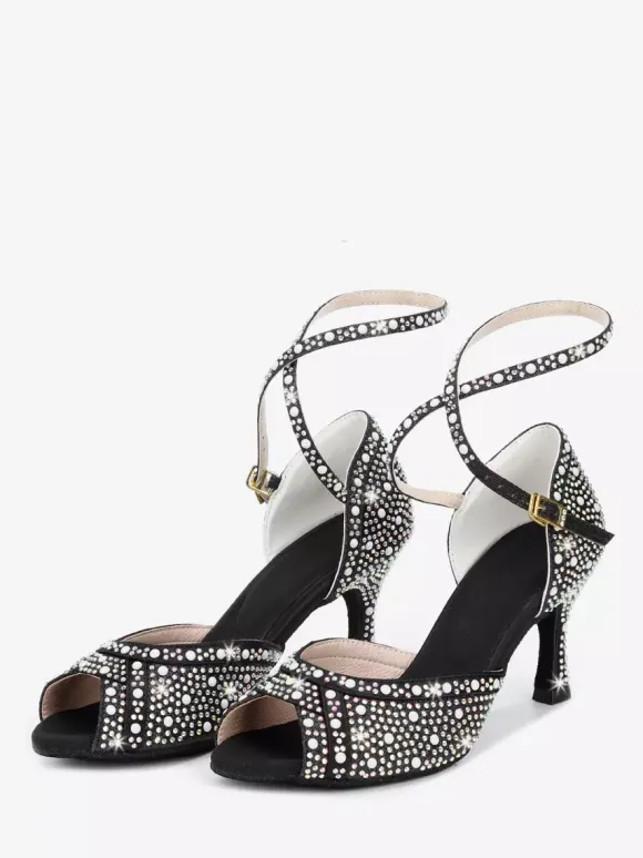 Women's Ballroom Dance Shoes Satin Rhinestones Peep Toe High Heel Latin Dance Shoes