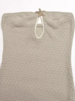 Women's Beige Crochet Knit Strapless Maxi Dress With Starfish Detail Keyhole Cutout Side Slit Summer Beach Dress
