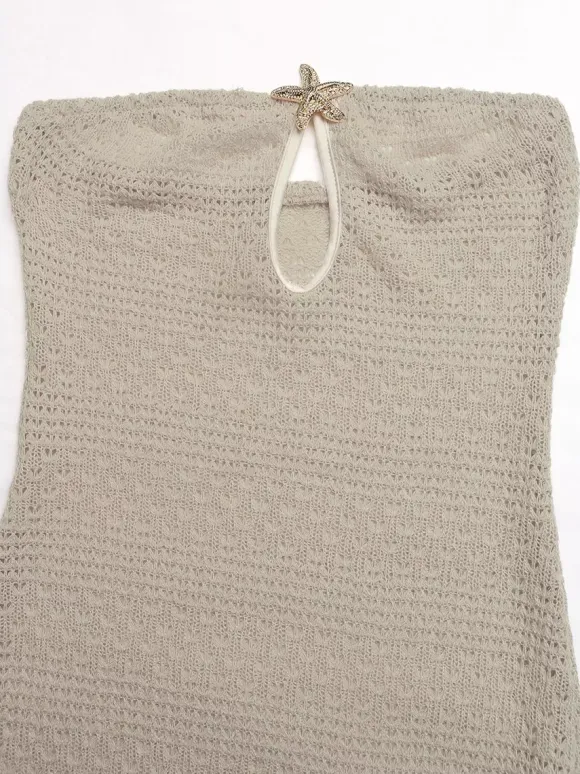 Women's Beige Crochet Knit Strapless Maxi Dress With Starfish Detail Keyhole Cutout Side Slit Summer Beach Dress