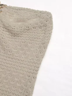 Women's Beige Crochet Knit Strapless Maxi Dress With Starfish Detail Keyhole Cutout Side Slit Summer Beach Dress