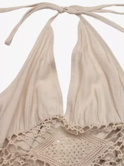 Women's Beige Halter Neck Maxi Dress With Crochet Cutout Sleeveless Flowy Summer Beach Dress