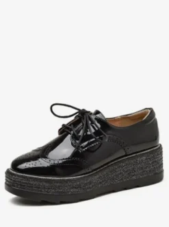 Women's Black Lace-Up Wingtip Brogues Round Toe Platform Oxfords