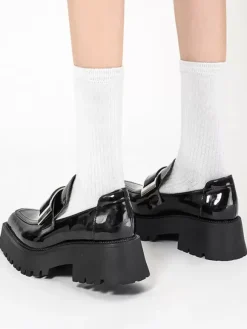 Women's Black Loafers Metal Details Platform Slip On Loafer Shoes
