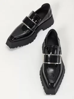 Women's Black Loafers Metal Details Platform Slip On Loafer Shoes
