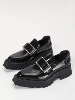 Women's Black Loafers Metal Details Platform Slip On Loafer Shoes