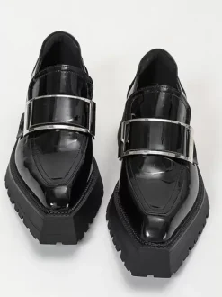 Women's Black Loafers Metal Details Platform Slip On Loafer Shoes