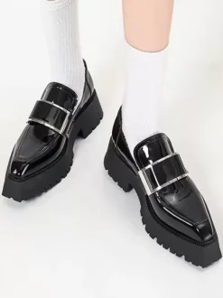 Women's Black Loafers Metal Details Platform Slip On Loafer Shoes