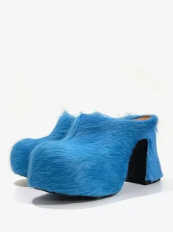 Women's Black Mules Horse Hair Puppy Heel Mule Shoes