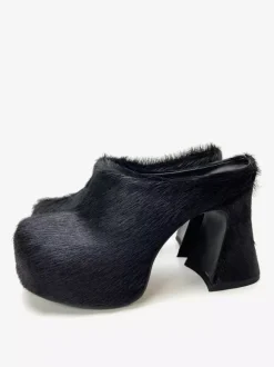 Women's Black Mules Horse Hair Puppy Heel Mule Shoes