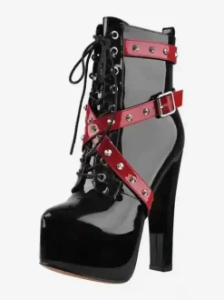 Women's Black Rivets Sexy Booties Platform Round Toe Chunky Heel Ankle Boots