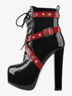 Women's Black Rivets Sexy Booties Platform Round Toe Chunky Heel Ankle Boots