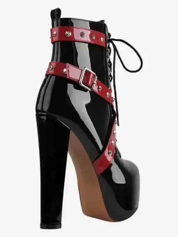 Women's Black Rivets Sexy Booties Platform Round Toe Chunky Heel Ankle Boots