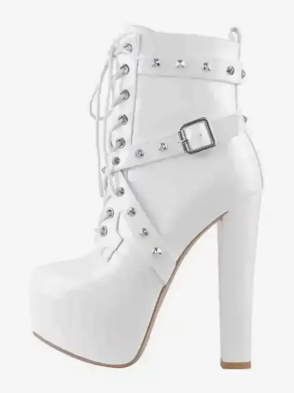 Women's Black Rivets Sexy Booties Platform Round Toe Chunky Heel Ankle Boots